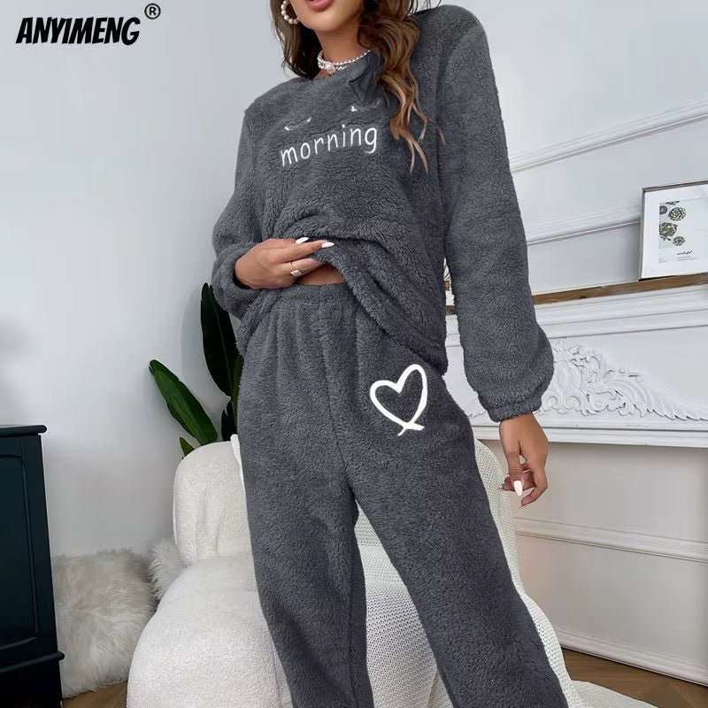 Fluffy Homewear Winter Woman Pajamas Set Pullover Lashes Sleepwear Casual Cozy Flannel Pijamas Cold Thermal Lady Lingerie Pyjama