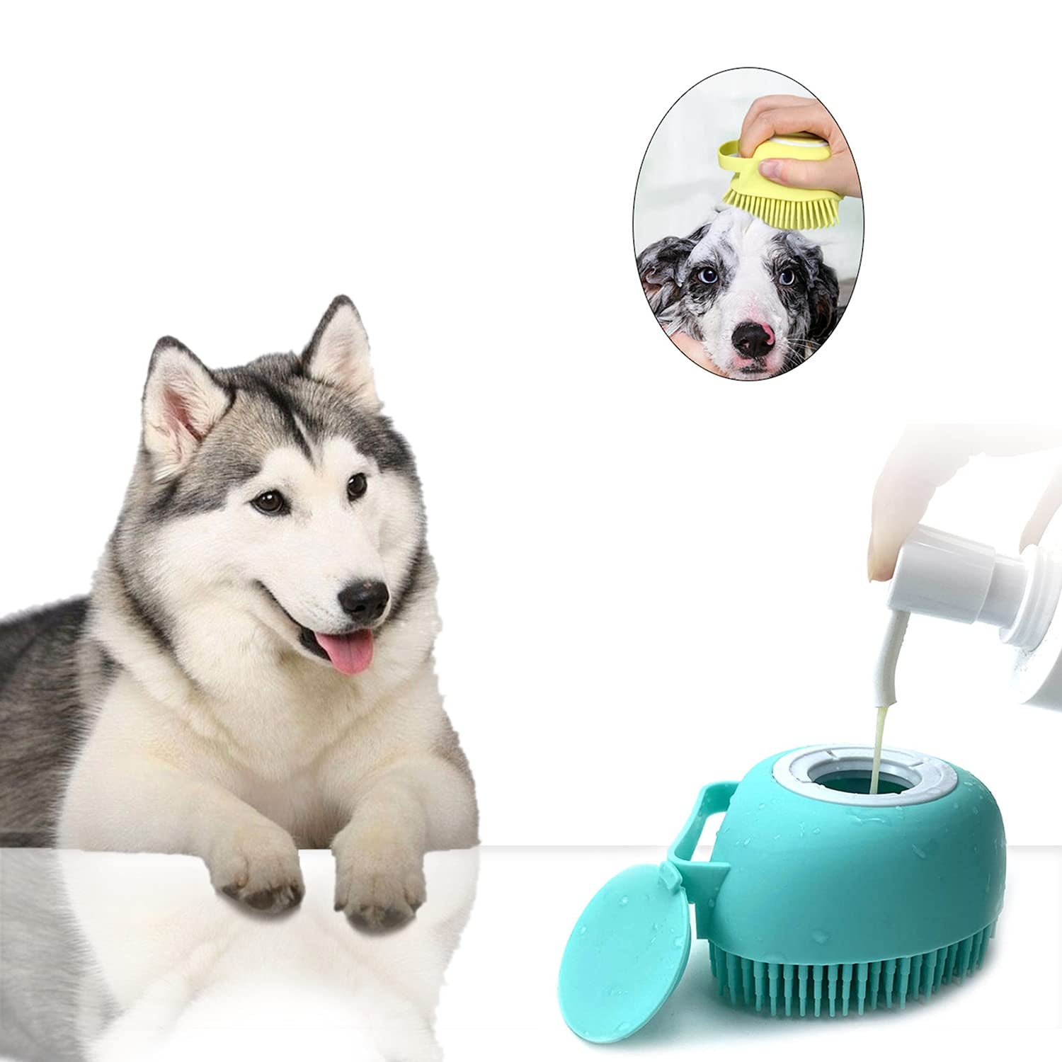 Pet Grooming Bath Massage Brush with Soap and Shampoo Dispenser Soft Silicone Bristle for Long Short Haired Dogs Cats Shower (Yellow)