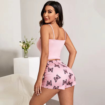 Sexy Summer Women Pajamas Set Printed Butterfly Sleepwear Home Clothes Tops and Shorts Cute Soft Sleeveless Nightwear for Female