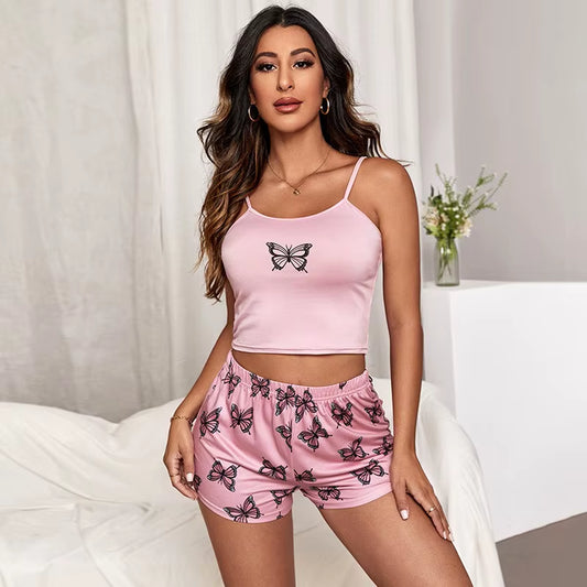 Sexy Summer Women Pajamas Set Printed Butterfly Sleepwear Home Clothes Tops and Shorts Cute Soft Sleeveless Nightwear for Female