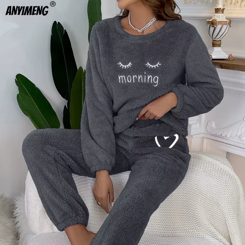 Fluffy Homewear Winter Woman Pajamas Set Pullover Lashes Sleepwear Casual Cozy Flannel Pijamas Cold Thermal Lady Lingerie Pyjama