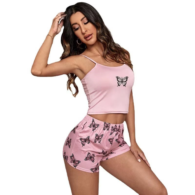 Sexy Summer Women Pajamas Set Printed Butterfly Sleepwear Home Clothes Tops and Shorts Cute Soft Sleeveless Nightwear for Female