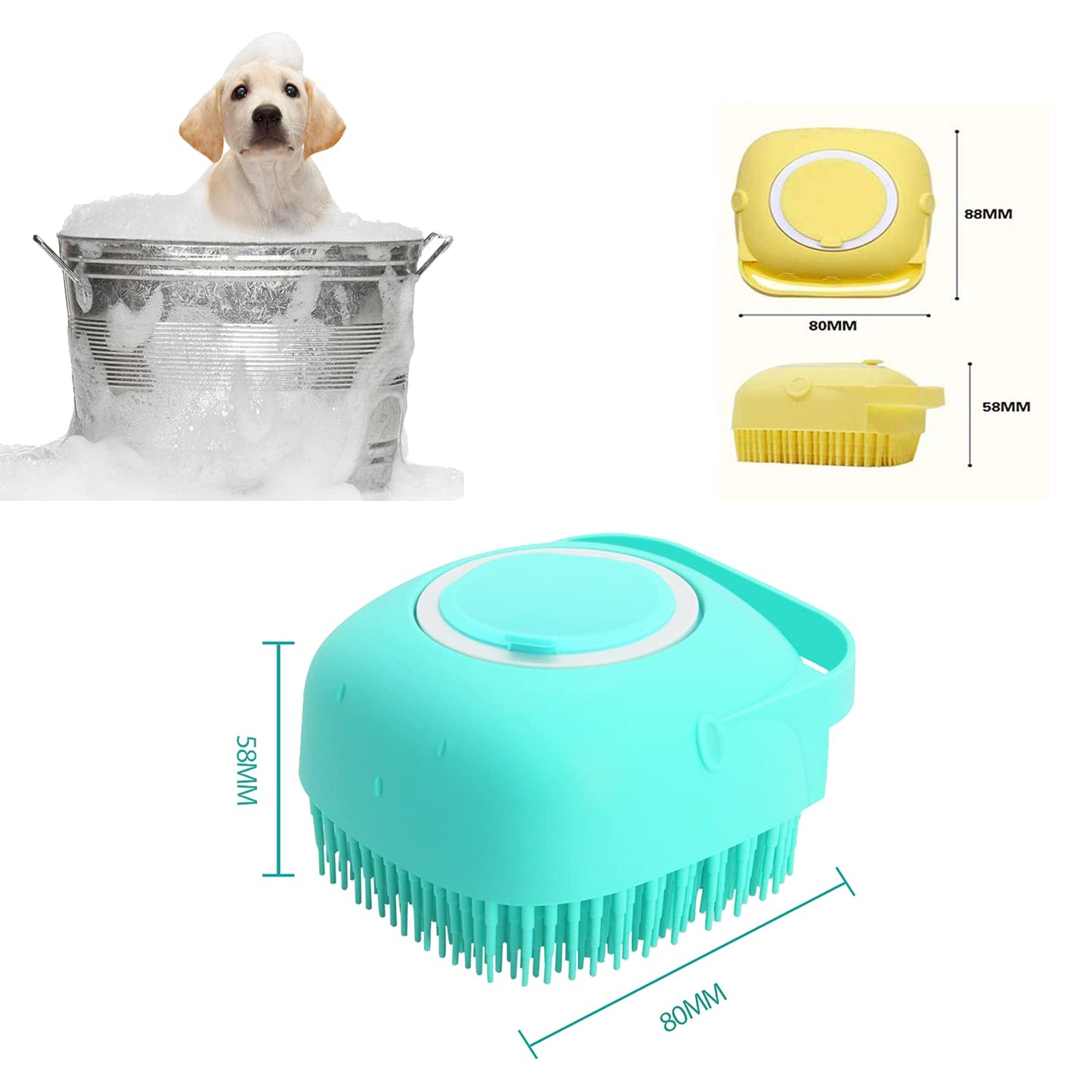 Pet Grooming Bath Massage Brush with Soap and Shampoo Dispenser Soft Silicone Bristle for Long Short Haired Dogs Cats Shower (Yellow)