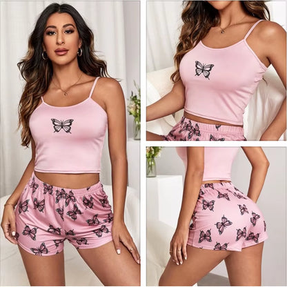 Sexy Summer Women Pajamas Set Printed Butterfly Sleepwear Home Clothes Tops and Shorts Cute Soft Sleeveless Nightwear for Female