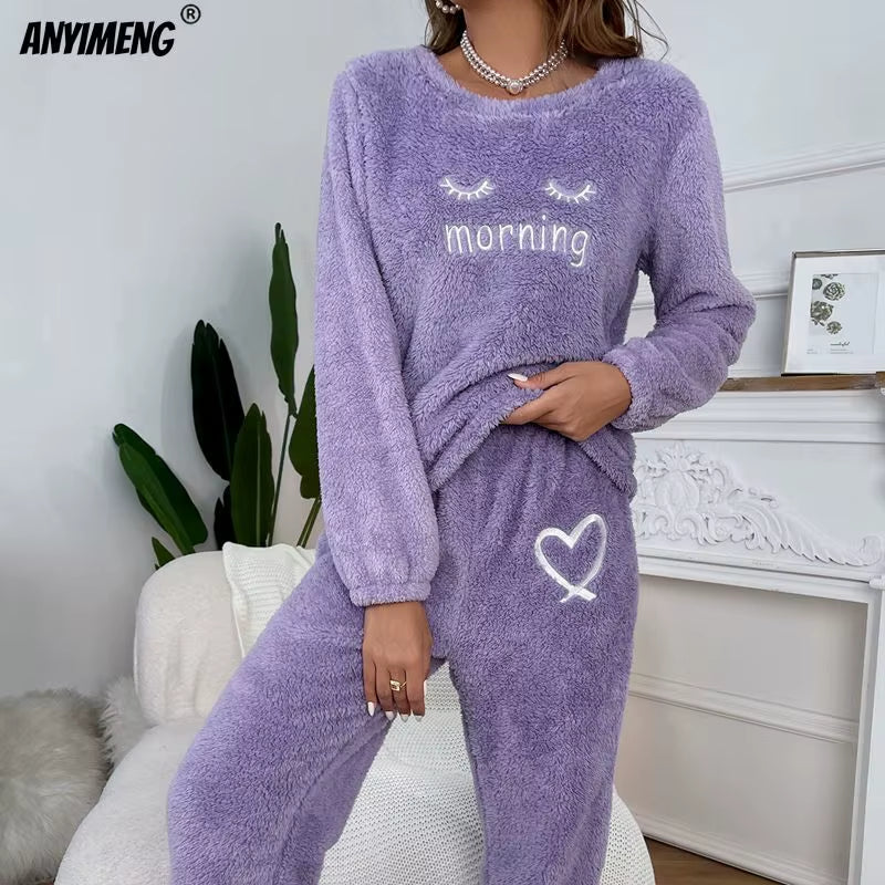 Fluffy Homewear Winter Woman Pajamas Set Pullover Lashes Sleepwear Casual Cozy Flannel Pijamas Cold Thermal Lady Lingerie Pyjama